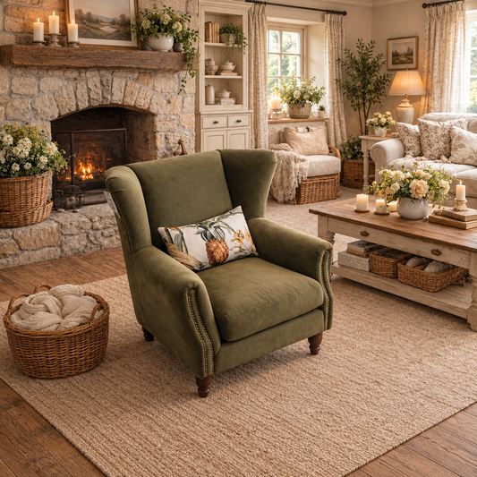 Vintage Sofa Company Lennox Armchair Salvador Fabric shown complete with feet visible in a square lifestyle room photograph