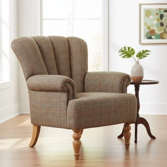 Vintage Sofa Company Lily Chair in Hunting Lodge Harris Tweed Fabric with a fluted backrest, tan leather piping and turned wooden legs