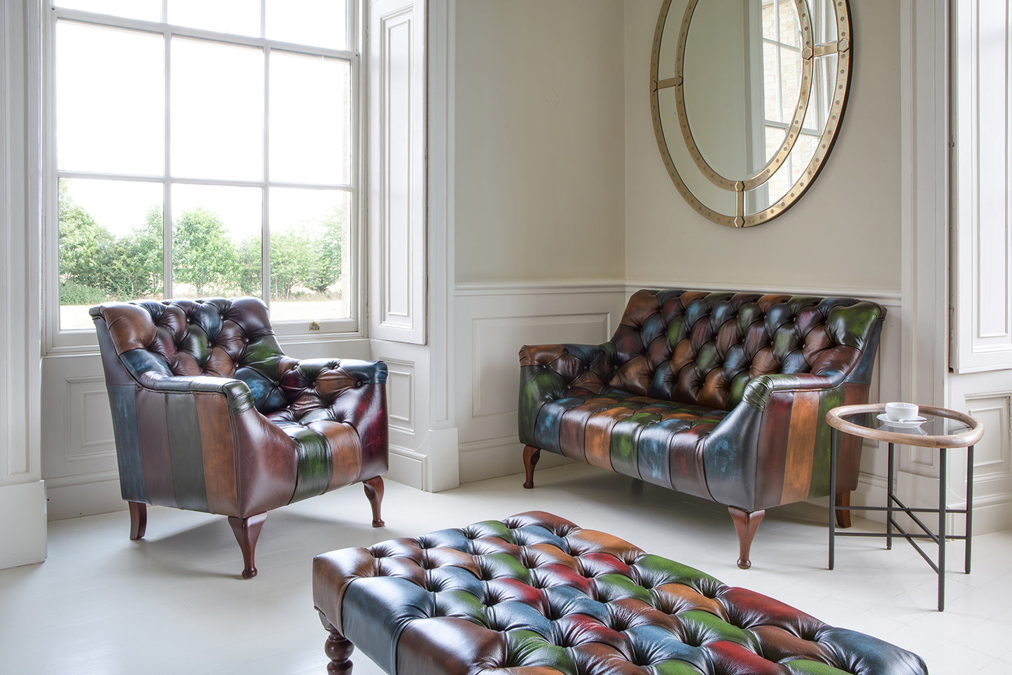Vintage Sofa Company 2 Seater Sofa, the Litton Rub-Off Leather Patchwork upholstery features deep button tufting to the back, seat and arms