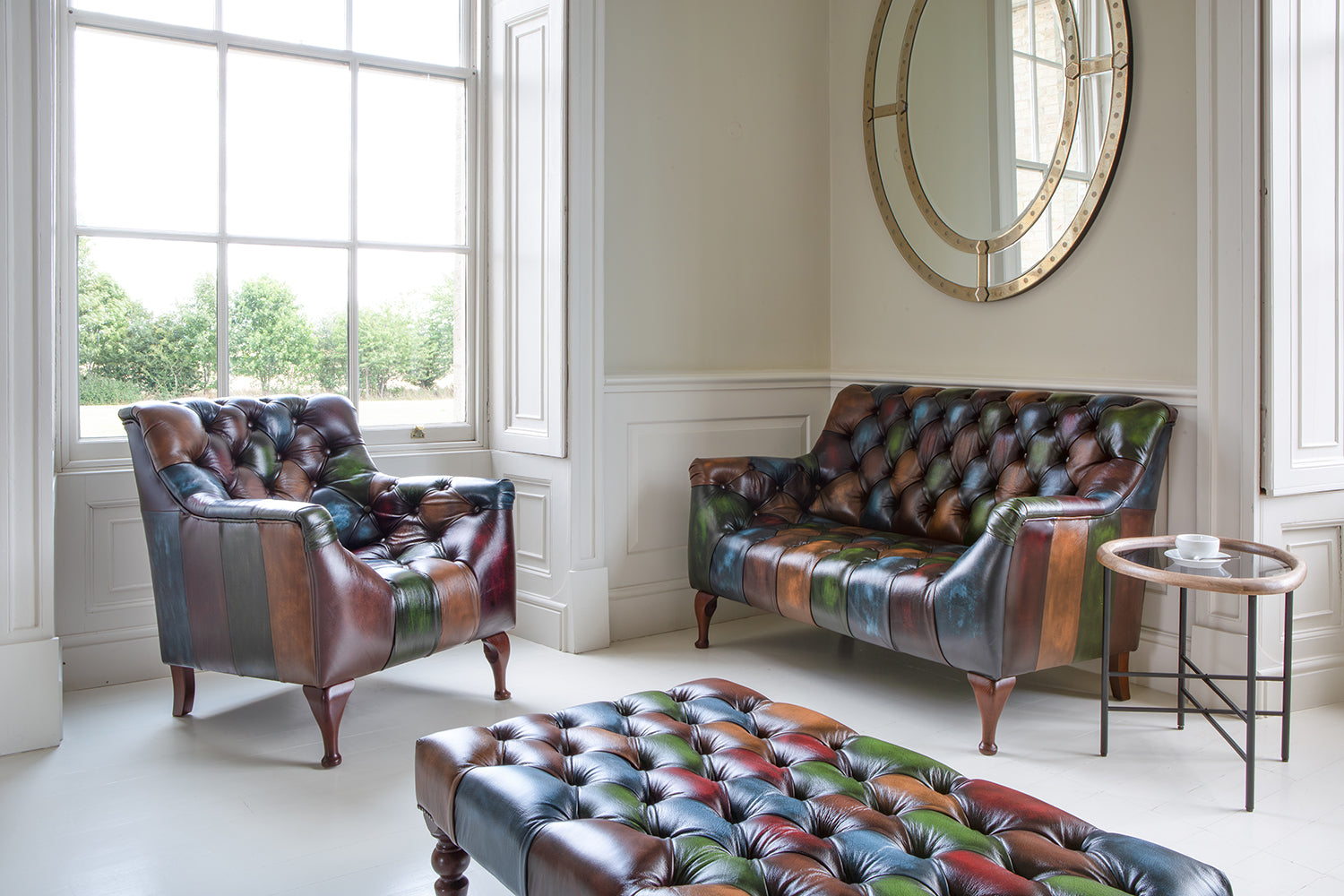 Vintage Sofa Company 2 Seater Sofa, the Litton Rub-Off Leather Patchwork upholstery features deep button tufting to the back, seat and arms