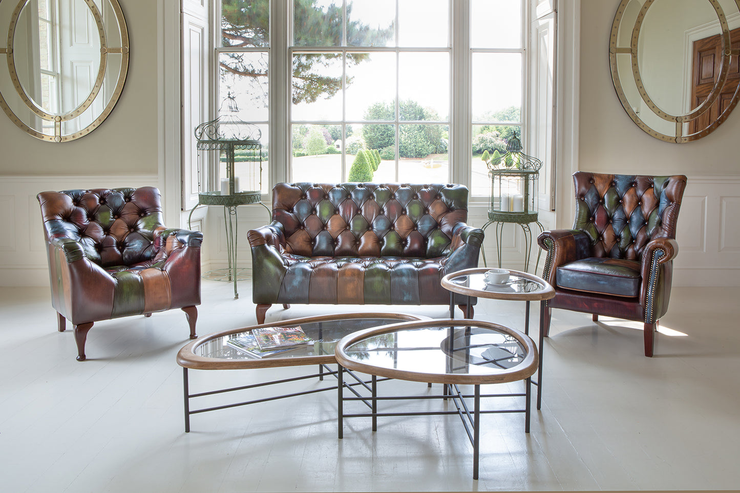 Vintage Sofa Company Litton Rub-Off Leather Patchwork 2 Seater Sofa with deep button tufting and shaped wooden feet