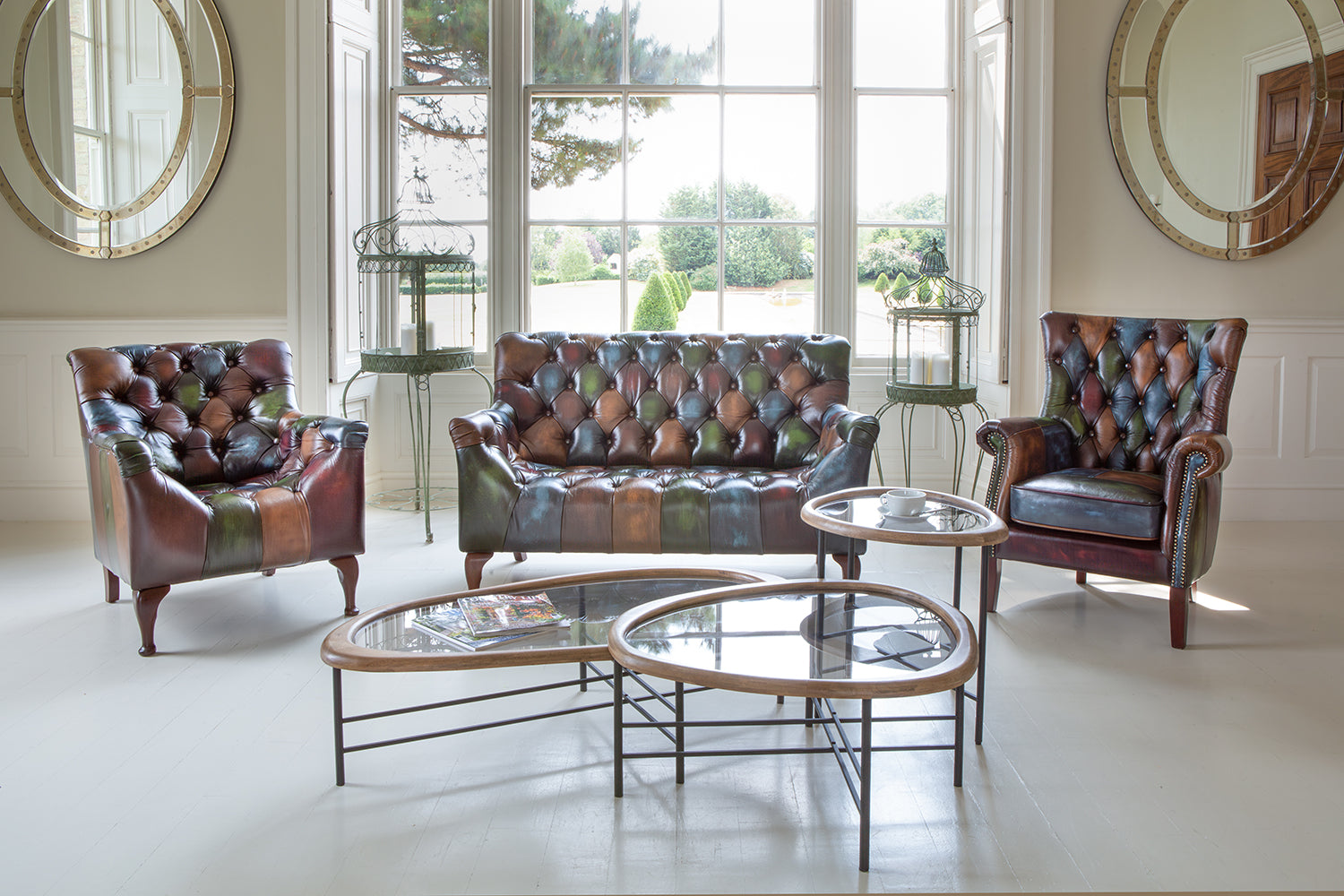 Vintage Sofa Company Litton Rub-Off Leather Patchwork 2 Seater Sofa with deep button tufting and shaped wooden feet