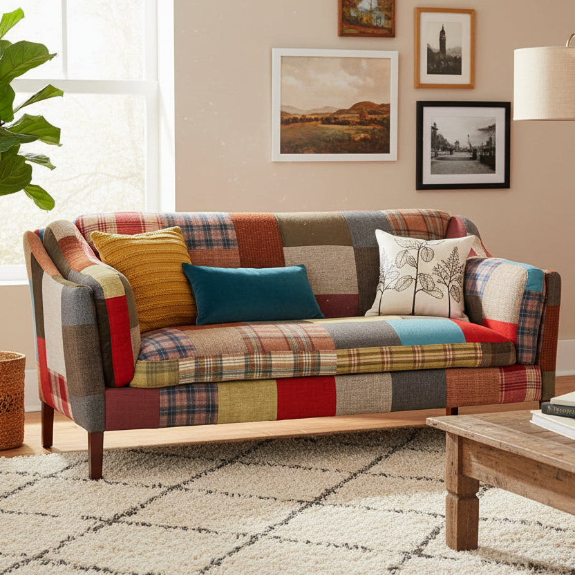 Vintage Sofa Company Malone 2 Seater Sofa fully upholstered in a Patchwork Fabric with cushioned seat, back and arm rests, and dark wood tapered legs
