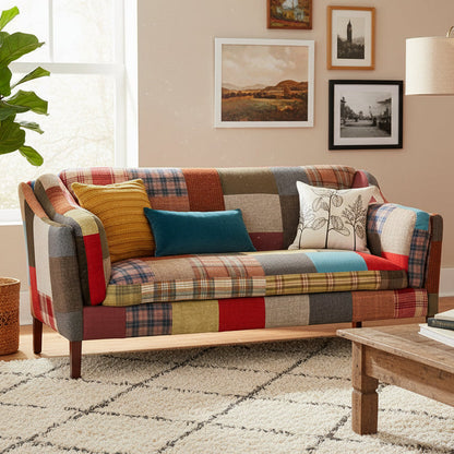 Vintage Sofa Company Malone 2 Seater Sofa fully upholstered in a Patchwork Fabric with cushioned seat, back and arm rests, and dark wood tapered legs
