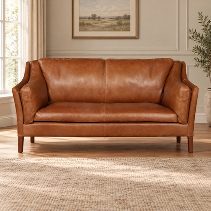 Vintage Sofa Company Malone Compact 2 Seater Sofa in Brown Tan Leather showing the complete product in a room setting