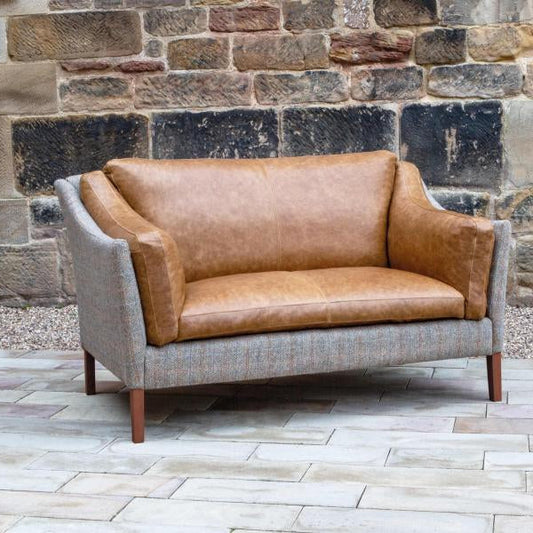 Vintage Sofa Company Malone Compact 2 Seater Sofa in Harris Tweed and Brown Tan Leather complete product in a room setting