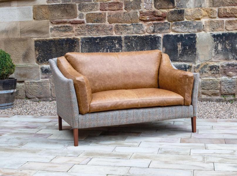 Vintage Sofa Company Malone Compact 2 Seater Sofa in Harris Tweed and Brown Tan Leather original supplier photograph