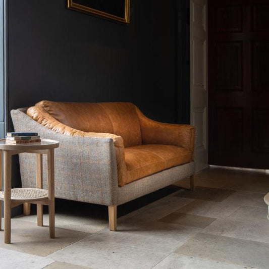 Vintage Sofa Company Malone Large 2 Seater Sofa in Harris Tweed and Brown Leather complete product in a room setting