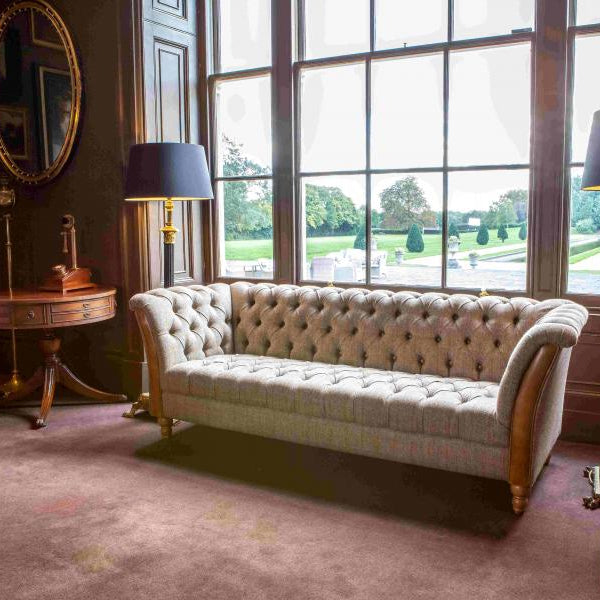 Vintage Sofa Company Milford 2 Seat Sofa Upholstered in Moreland Harris Tweed Fabric with Leather arm panels, deep buttoning to the back, arms and seat give the sofa a traditional Chesterfield look and feel
