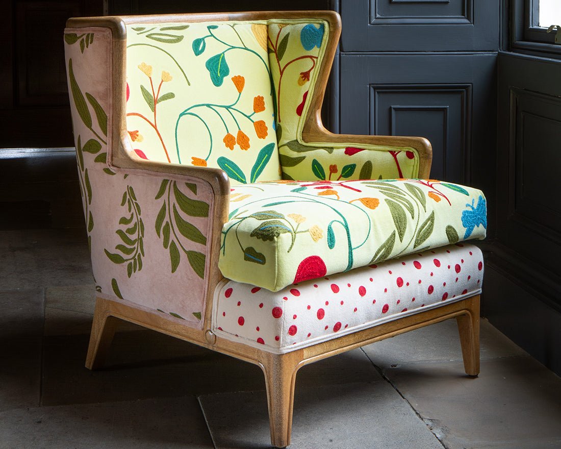 Vintage Sofa Company Morbi Accent Chair features an eclectic mix of fabrics, colours and designs, with a wingback style frame and a deep filled seat cushion 