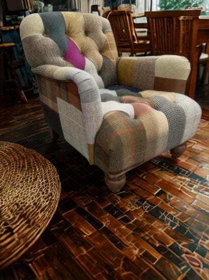 Vintage Sofa Company Morgan Armchair features a patchwork mix of Leather and Wool fabrics with deep button tufting to the back and seat. 