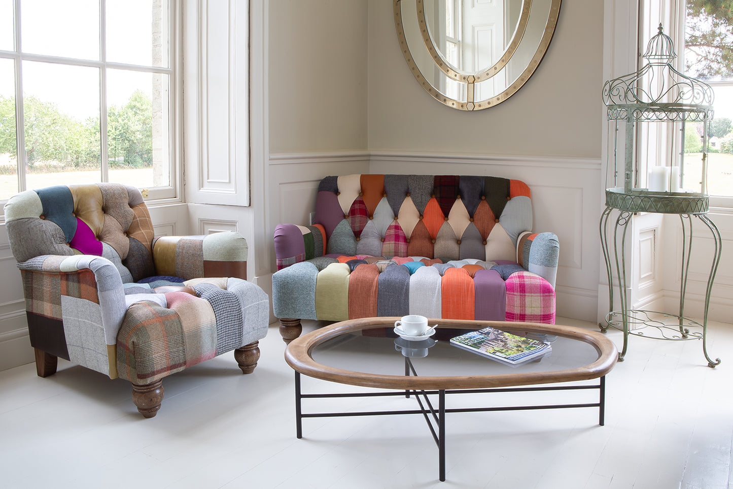 Vintage Sofa Company Morgan Armchair upholstered in a mix of Leather and Wool Patchwork panels with deep button tufting, gently rolled arms and chunky wooden legs