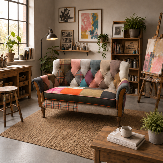 Vintage Sofa Company Padley 2 Seater Patchwork shown complete in a square lifestyle room photograph
