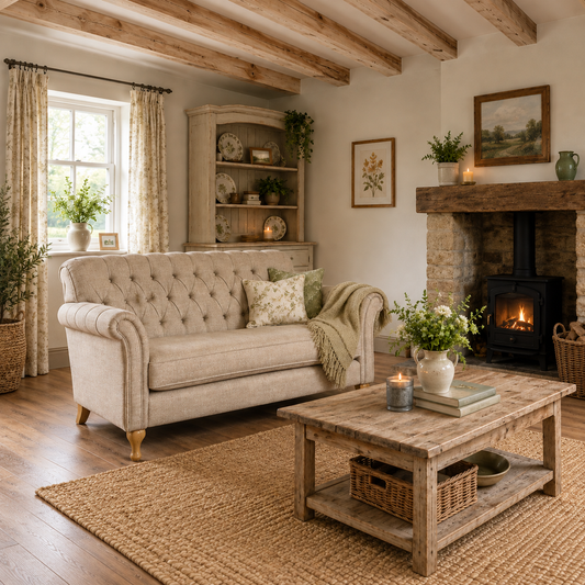 Vintage Sofa Company Padley 2 Seater Sofa in Harrington Tweed shown complete in a square lifestyle room photograph