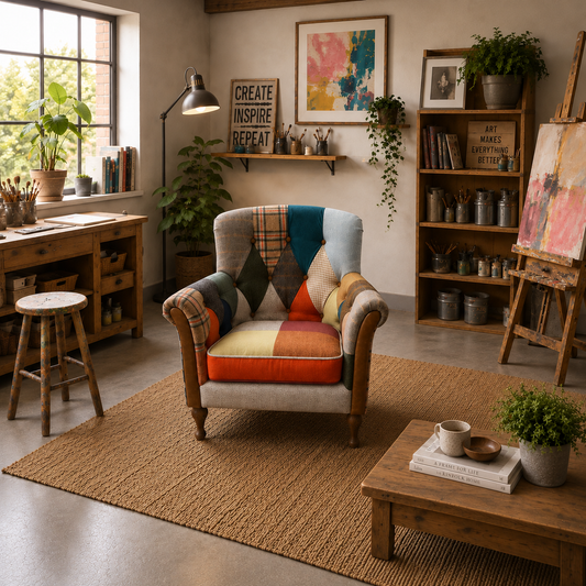 Vintage Sofa Company Padley Chair in Patchwork shown complete in a square lifestyle room photograph
