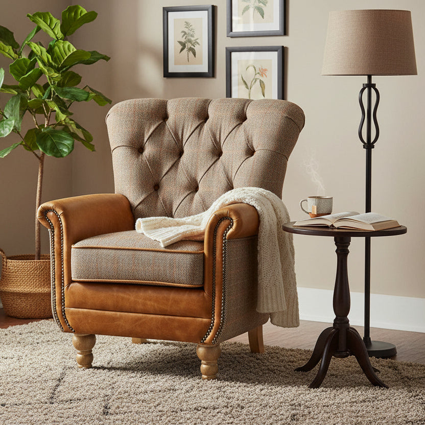 Vintage Sofa Company Plumtree Chair in Hunting Lodge tweed with tan leather accents, brass stud detailing and wooden legs