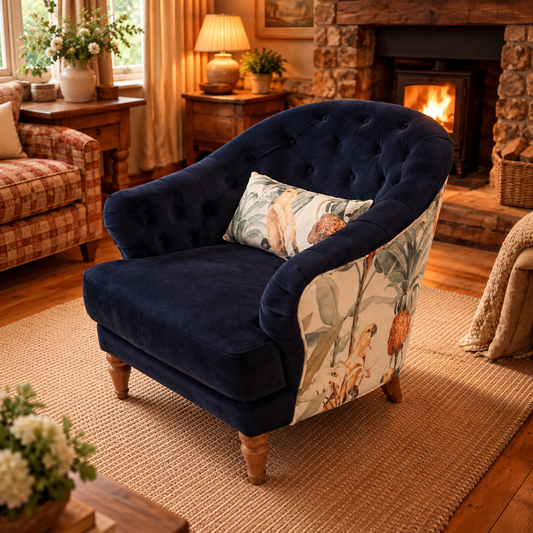 Vintage Sofa Company Risley Armchair Plush Marine + print shown complete in a square lifestyle room photograph