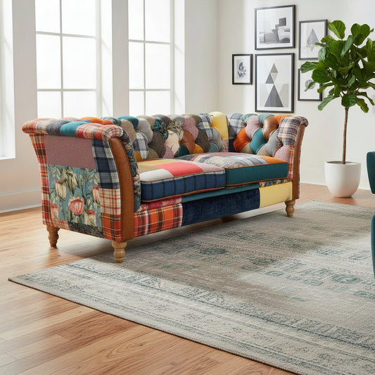 Vintage Sofa Company Rutland 2 Seat Sofa Upholstered in a lively Patchwork Fabric with deep button tufting and tan leather accents