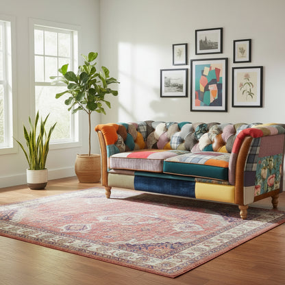 The Vintage Sofa Company Rutland 3 Seater Sofa features a colourful patchwork design to the Chesterfield style frame, with diamond quilting to the back rest and arms, turned wooden legs and elegantly rolled arms with tan leather detail