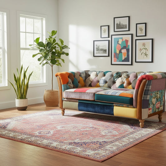 The Vintage Sofa Company Rutland 3 Seater Sofa features a colourful patchwork design to the Chesterfield style frame, with diamond quilting to the back rest and arms, turned wooden legs and elegantly rolled arms with tan leather detail