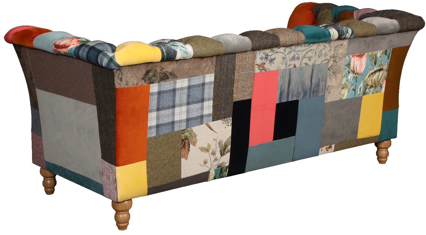 The Vintage Sofa Company Rutland 3 Seat patchwork sofa has a classic Chesterfield style design but is upholstered with vibrant colourful patchwork fabrics to the front, sides and rear of the sofa