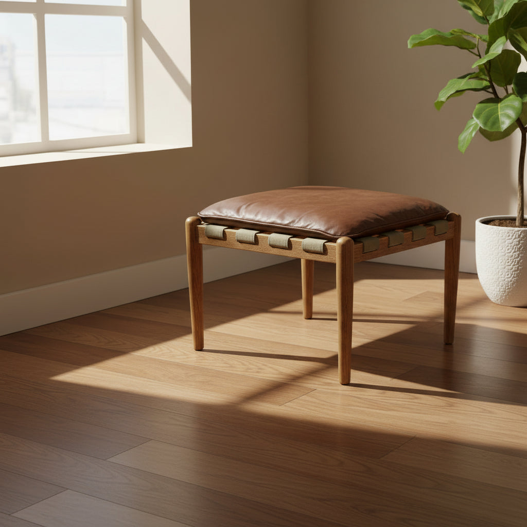 Vintage Sofa Company Salisbury Stool in Washed Green Canvas with a Brown Leather cushion and natural oak wood frame