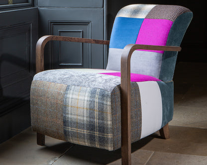 Vintage Sofa Company Shaun Patchwork Upholstered Chair with Antique Wooden Arms and legs