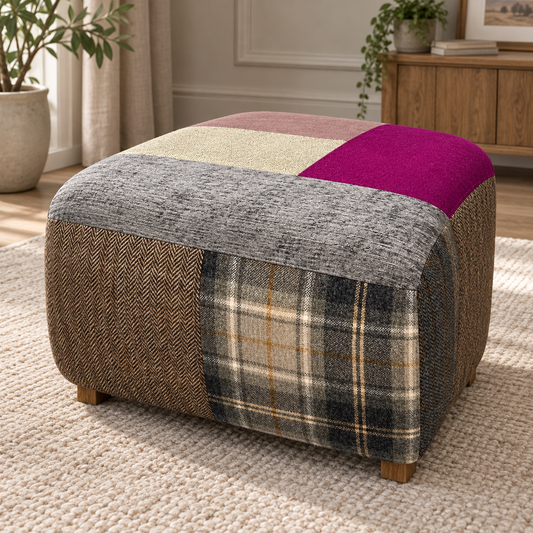 Vintage Sofa Company Shaun Patchwork Footstool showing the complete product in a room setting