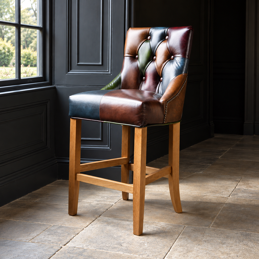 Vintage Sofa Company Sienna Barstool in Hand Antiqued Leather Patchwork showing the complete product in a room setting