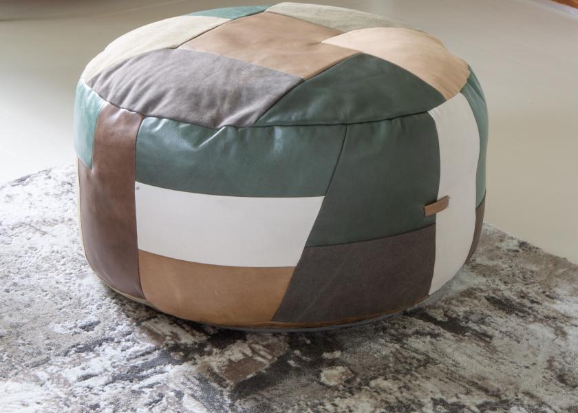 Vintage Sofa Company Soho Round Ottoman Patchwork Stool mixes leather and fabric in earthy tones, this generously sized stool works as a footrest, extra seat or relaxed accent piece