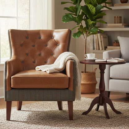 Vintage Sofa Company Stanford Chair Upholstered in Moreland Harris Tweed Fabric and Tan Leather, with deep button tufting to the backrest, brass stud detailing and dark wooden legs