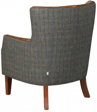 Vintage Sofa Company Stanford Chair in Moreland Harris Tweed Fabric and Leather, with a wingback design and dark wooden legs
