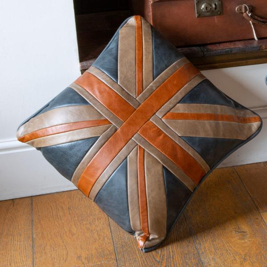 Vintage Sofa Company Union Jack Leather Cushion 40cm in a room setting