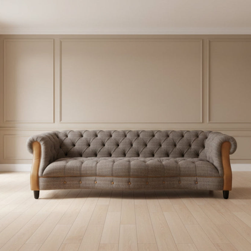 Vintage Sofa Company Westminster 2 Seater Sofa Upholstered in Harrington Tweed Fellwood Lodge fabric, with deep button tufting in a chesterfield style, and tan leather trim