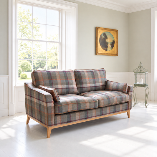 Vintage Sofa Company Whitwell 2 seater Sofa Malham Green Wool & Tan Leather shown complete in a square lifestyle room photograph
