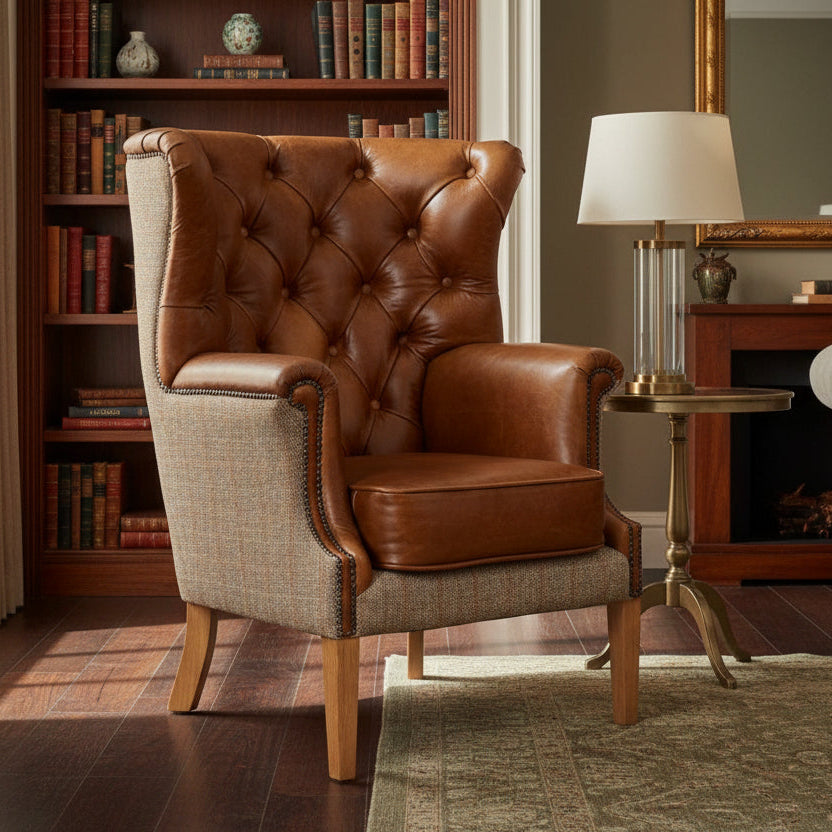 Vintage Sofa Company Winchester Wingback Armchair in Hunting Lodge Harris Tweed Fabric and Tan Leather seat, arms and back rest, with brass stud detailing and natural wood legs