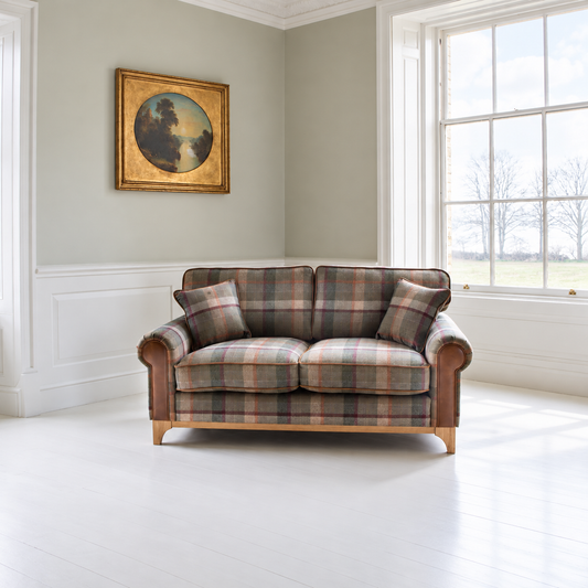 Vintage Sofa Company Winderwath 2 Seater Sofa - Malham Green wool + Tan Leather shown complete in a square lifestyle room photograph
