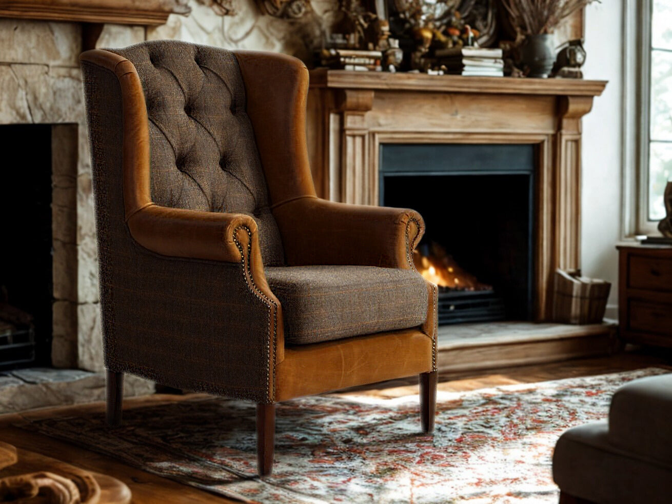 Vintage Sofa Company Wing Armchair in Moreland Fabric with tan leather accents and brass stud detailing