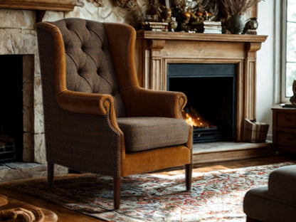 Vintage Sofa Company Wing Armchair in Moreland Fabric with tan leather accents and brass stud detailing