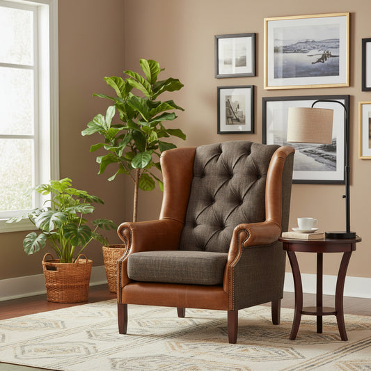 Vintage Sofa Company Wing Armchair with two tone leather upholstery, deep button tufting, high wingback design with stud detail to the scrolled armrests, and dark wooden legs