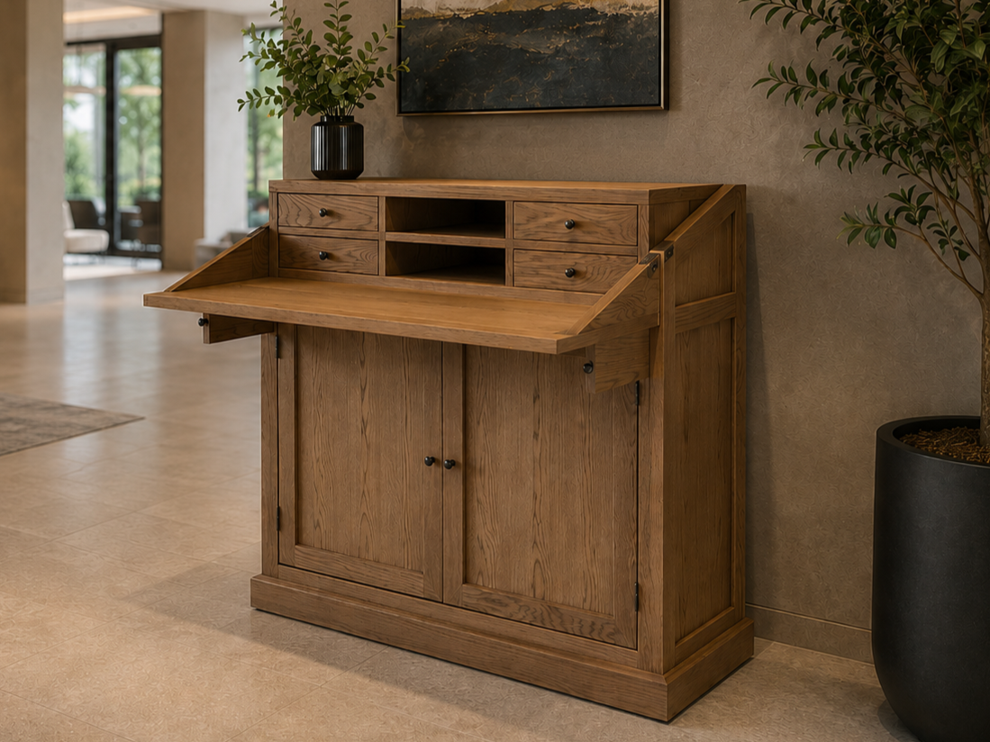 Carlton Furniture Ashford Campaign Desk - Grey Oiled Finish — lifestyle setting
