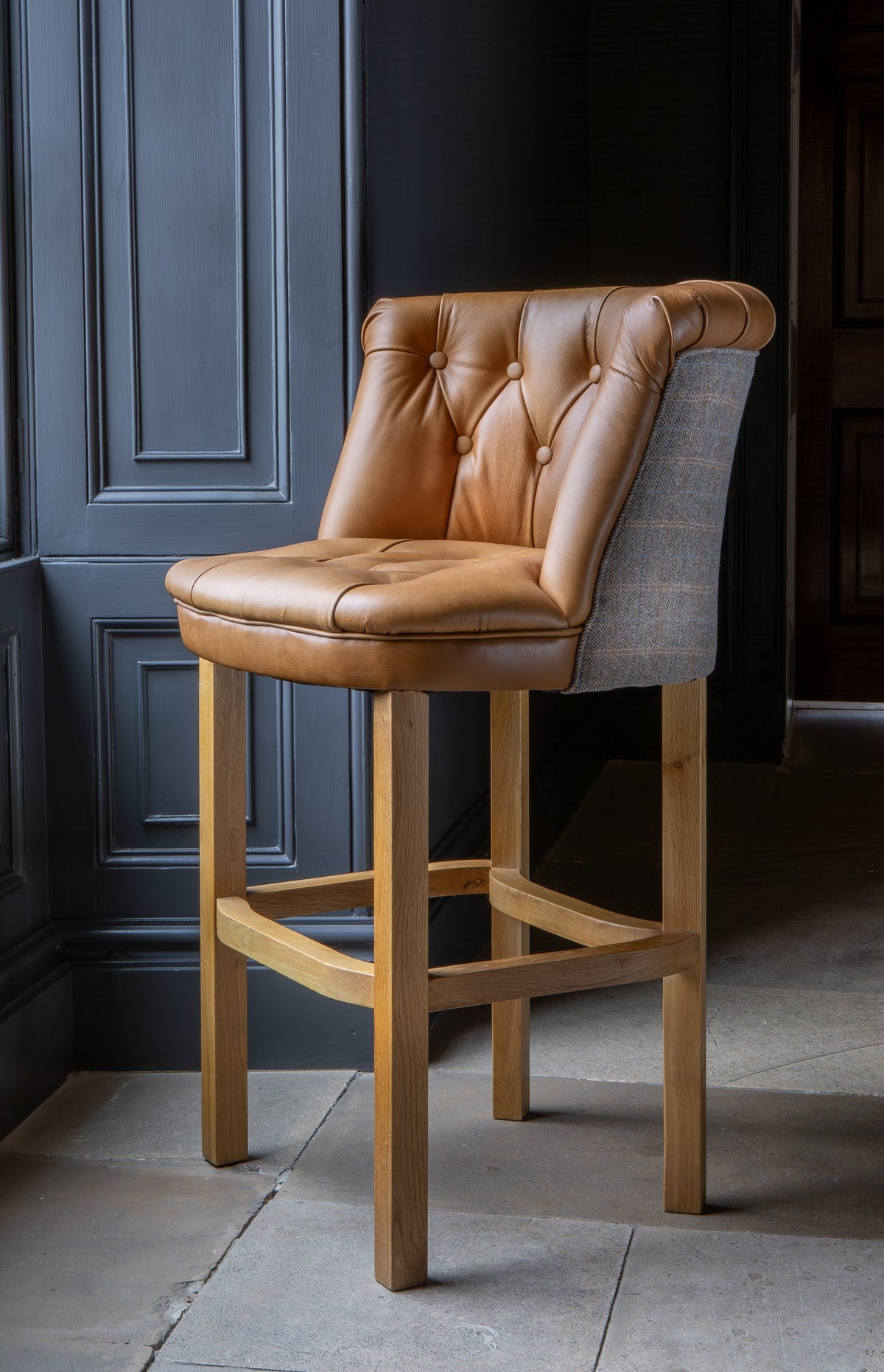 Carlton Furniture Austin Barstool in Tan Leather front and Harrington Wool Outside — lifestyle setting