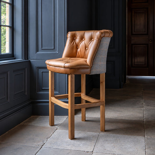Carlton Furniture Austin Barstool in Tan Leather front and Harrington Wool Outside — lifestyle setting