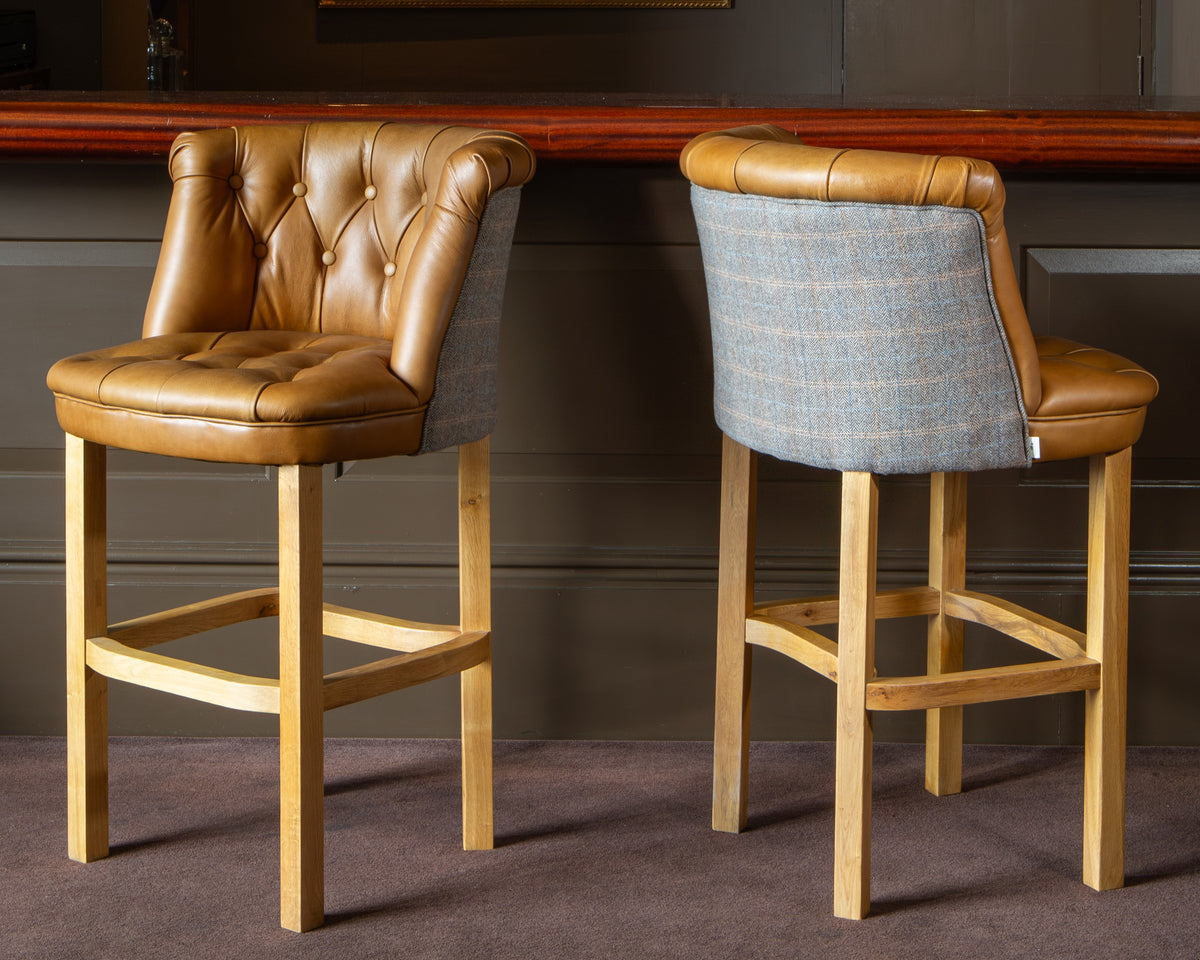 Carlton Furniture Austin Barstool in Tan Leather front and Harrington Wool Outside — lifestyle setting