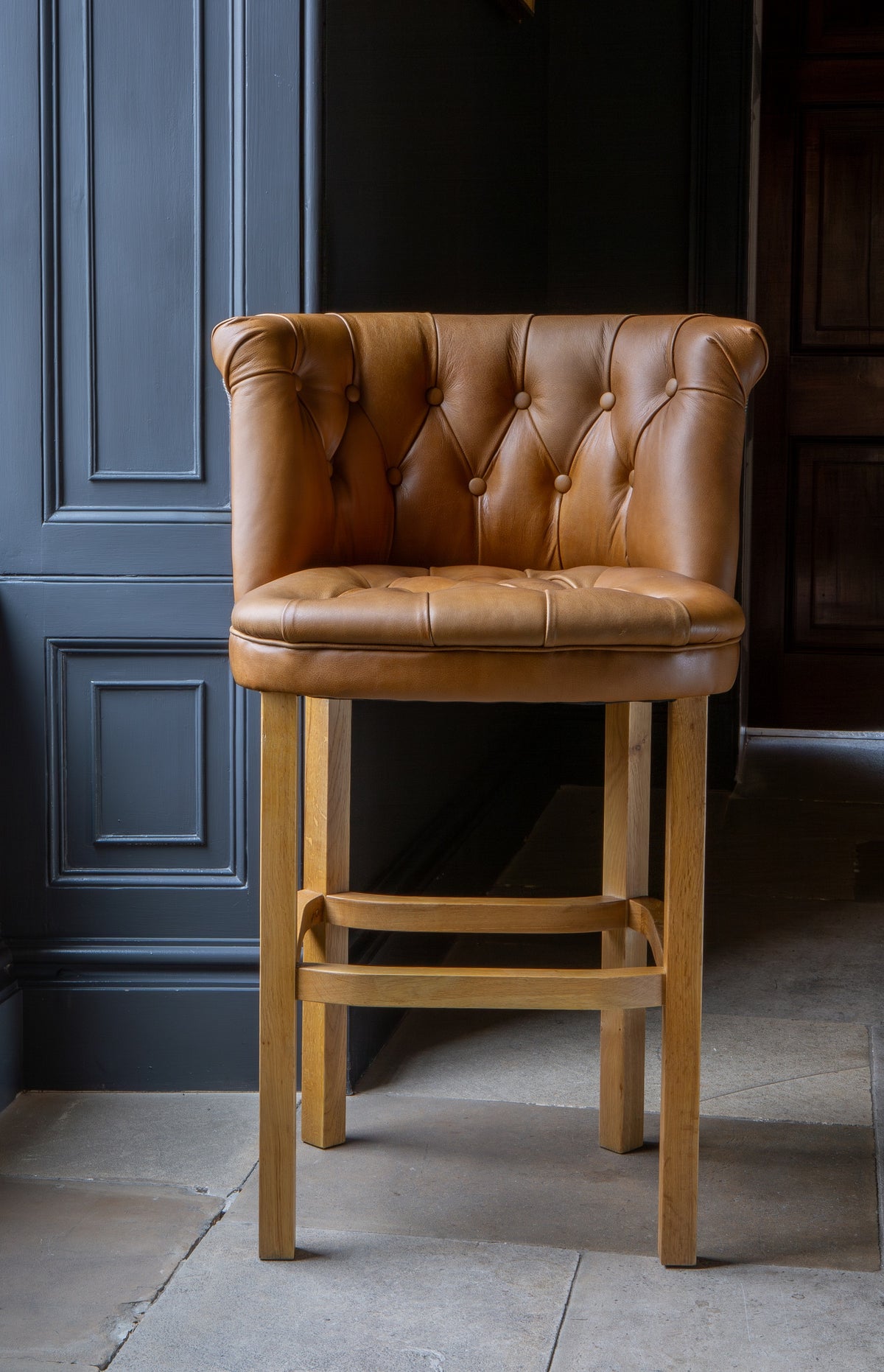 Carlton Furniture Austin Barstool in Tan Leather front and Harrington Wool Outside — lifestyle setting