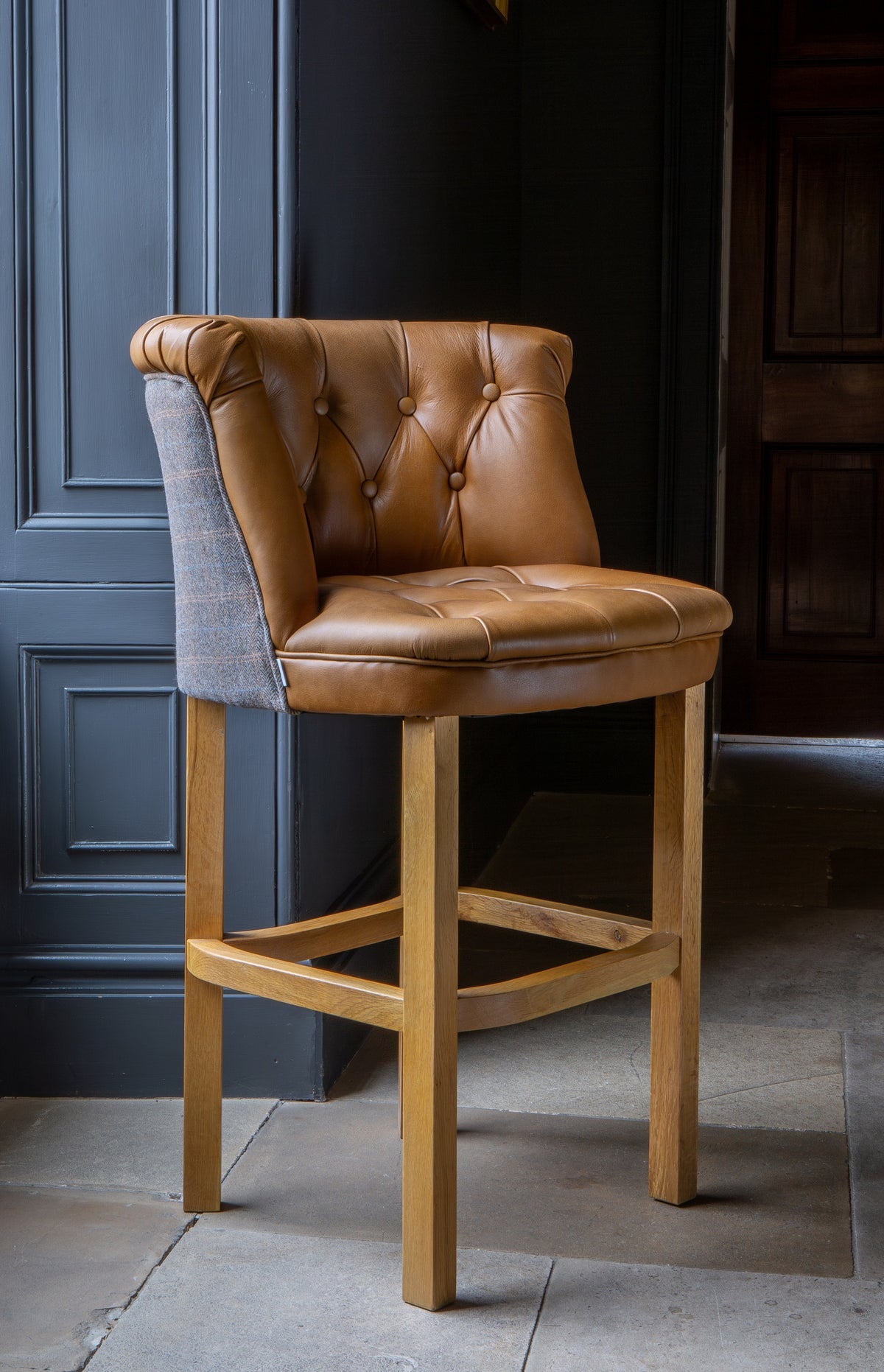 Carlton Furniture Austin Barstool in Tan Leather front and Harrington Wool Outside — lifestyle setting