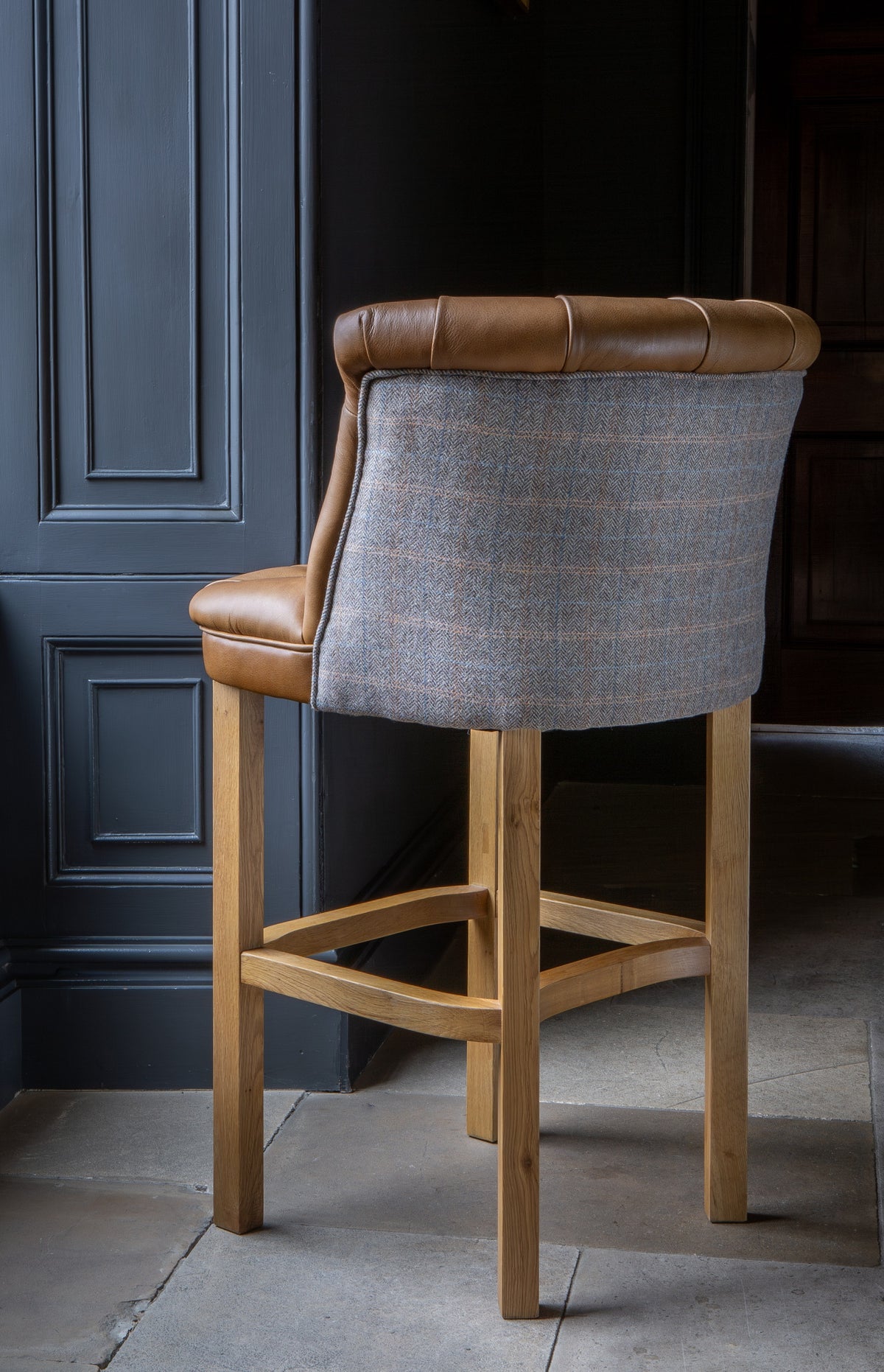 Carlton Furniture Austin Barstool in Tan Leather front and Harrington Wool Outside — lifestyle setting