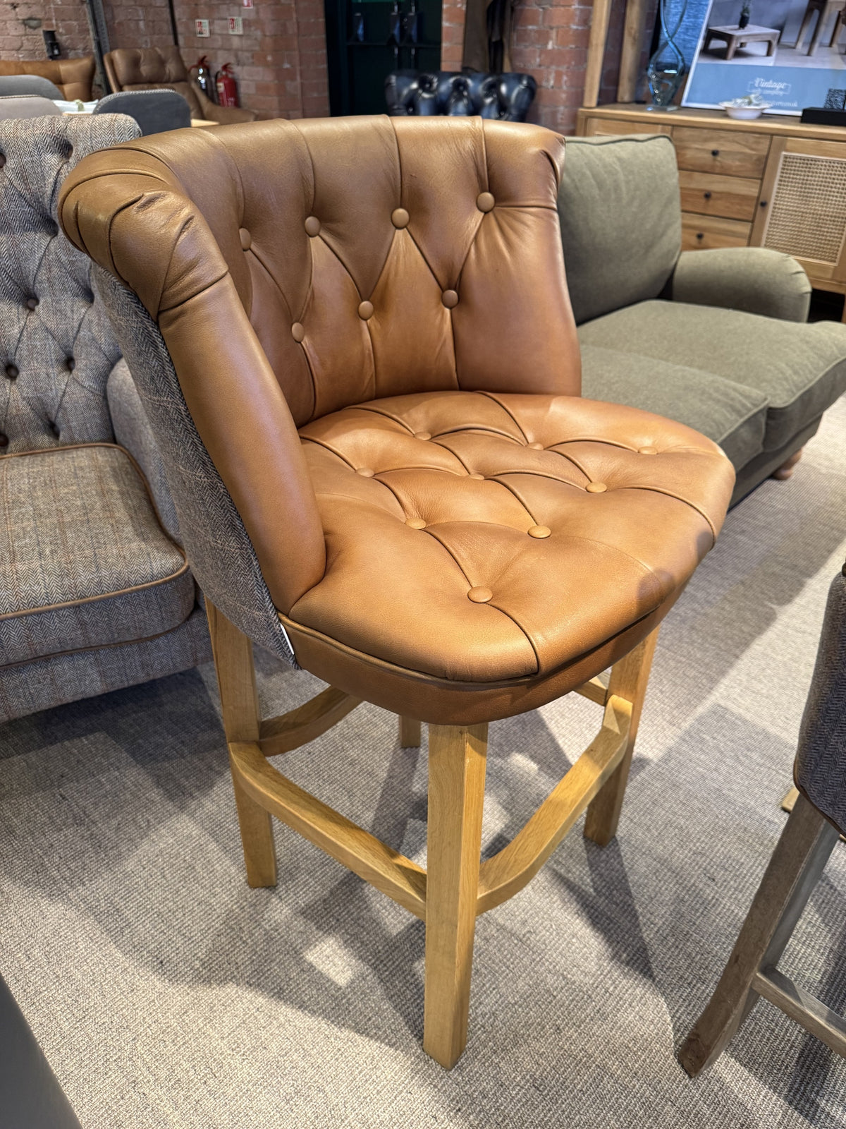 Carlton Furniture Austin Barstool in Tan Leather front and Harrington Wool Outside — lifestyle setting