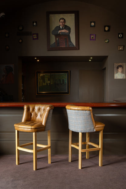 Carlton Furniture Austin Barstool in Tan Leather front and Harrington Wool Outside — lifestyle setting