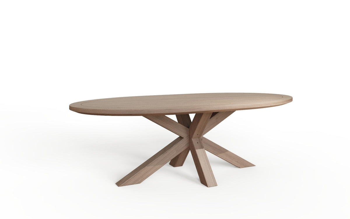 Carlton Furniture Barkington Oval Dining Table in Grey Oiled - white background view of oval table and double-X pedestal base